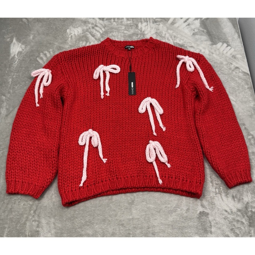 Fashion Nova Chunky Knit Sweater Womens XL Red Pink Bows Bri Bow Yarn Pullover